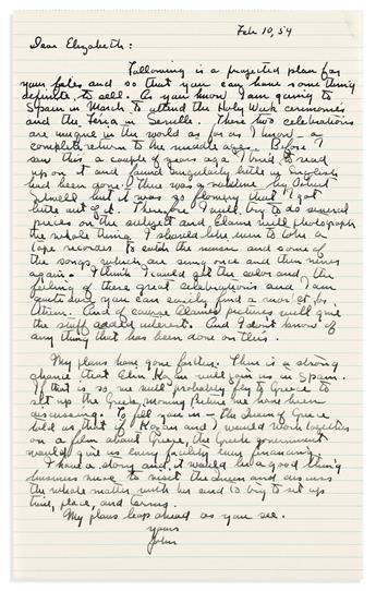 STEINBECK, JOHN. Two Autograph Letters Signed, "John" or in full, to his literary agent Elizabeth Otis ("Dear Elizabeth" or lacking sal